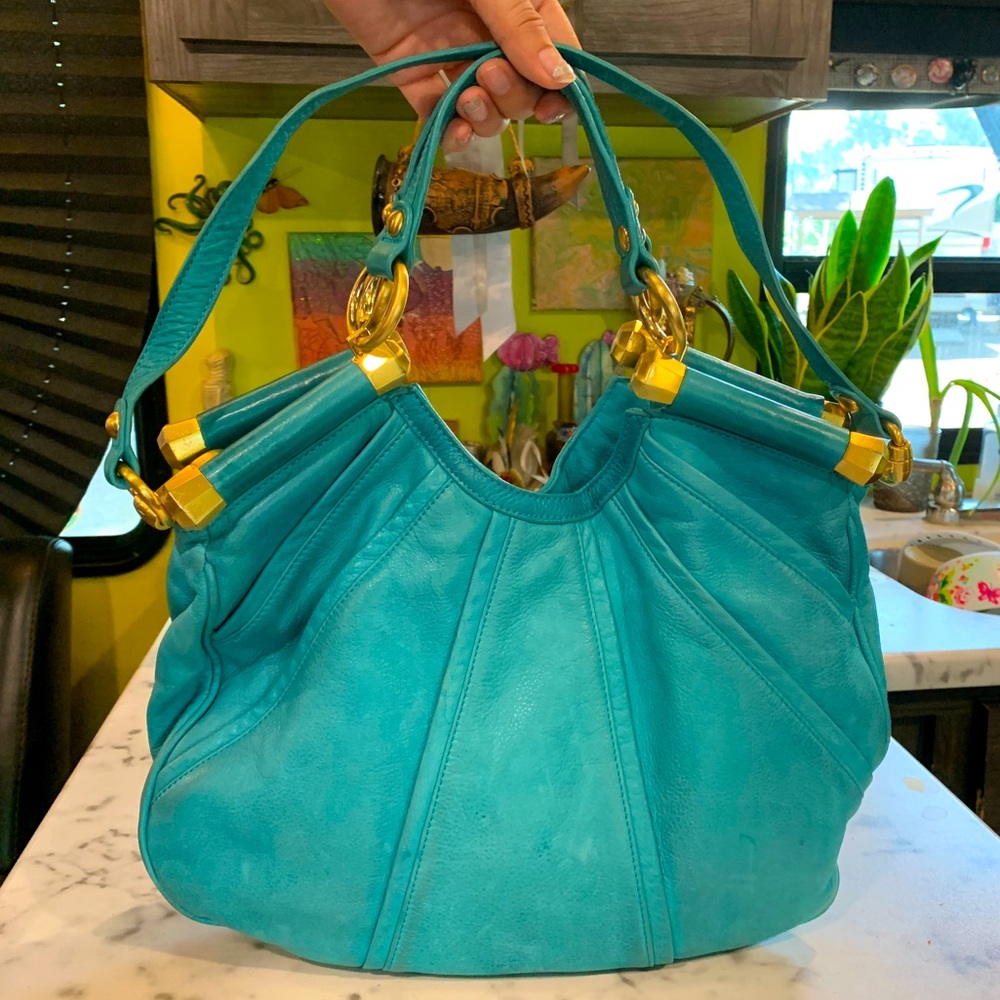 B. Makowsky Teal Leather Florence Shopper Hobo Bag